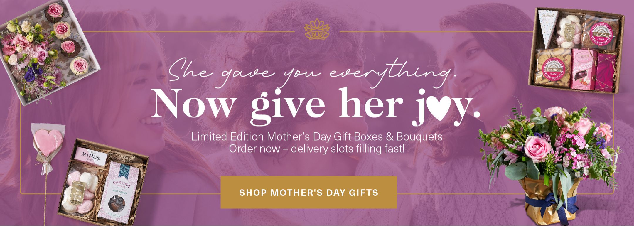 Mother’s Day banner with pink flowers, gift boxes and heart lollipop – ‘Now give her joy’ message and shop button.