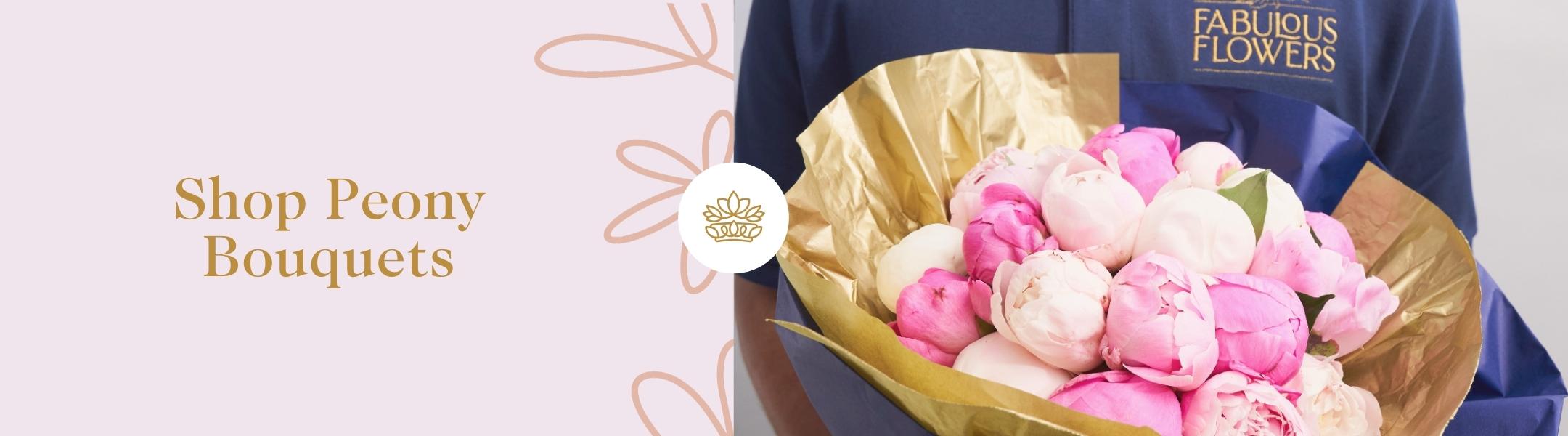 Shop Peony Bouquets – Stunning pink and white peony flowers wrapped in gold paper, delivered by Fabulous Flowers florist.