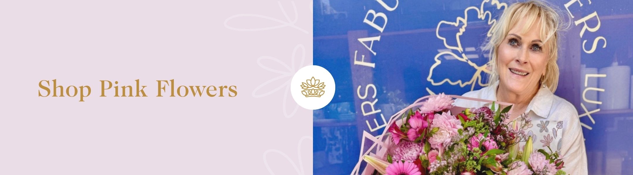 Shop Pink Flowers - Fabulous Flowers and Gifts with pink floral bouquet and smiling woman in front of store window.
