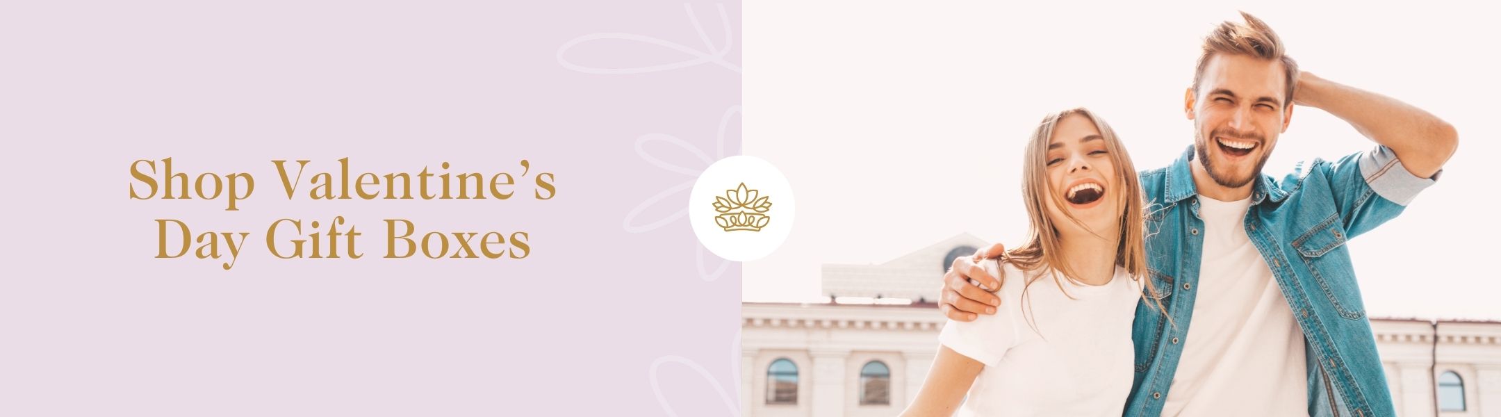 Joyful couple embracing outdoors on a sunny day with “Shop Valentine’s Day Gift Boxes” text – Fabulous Flowers & Gifts banner.