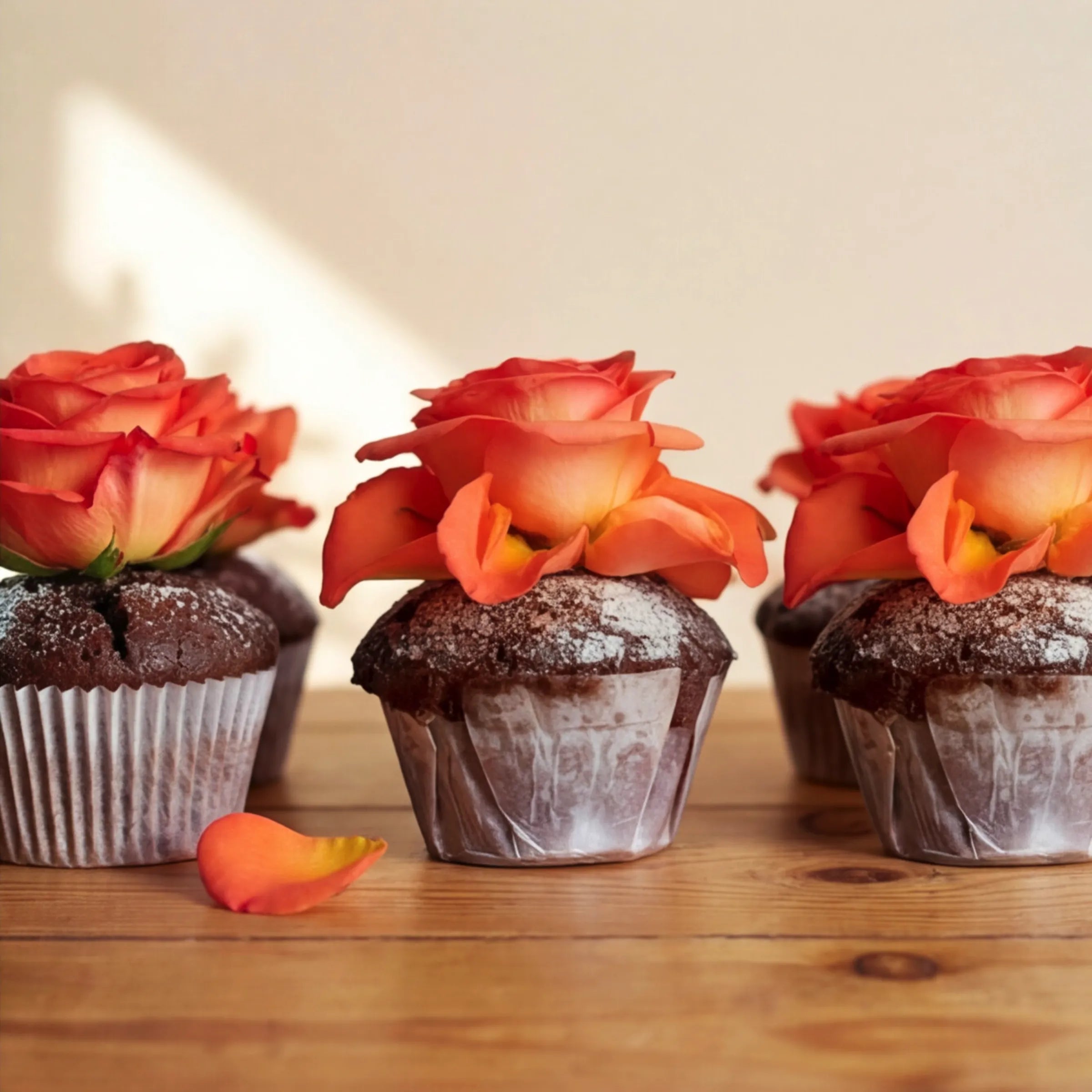 Three chocolate cupcakes in a front row showcasing the icing-sugar finish and vibrant orange rose toppers, part of the Fabulous Flowers Six Chocolate Cupcakes Cape Town add-on