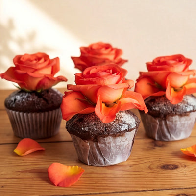 Editorial-style tablescape of Fabulous Flowers chocolate cupcakes with orange rose toppers, soft natural light and warm wood tones for the half-dozen cupcake add-on