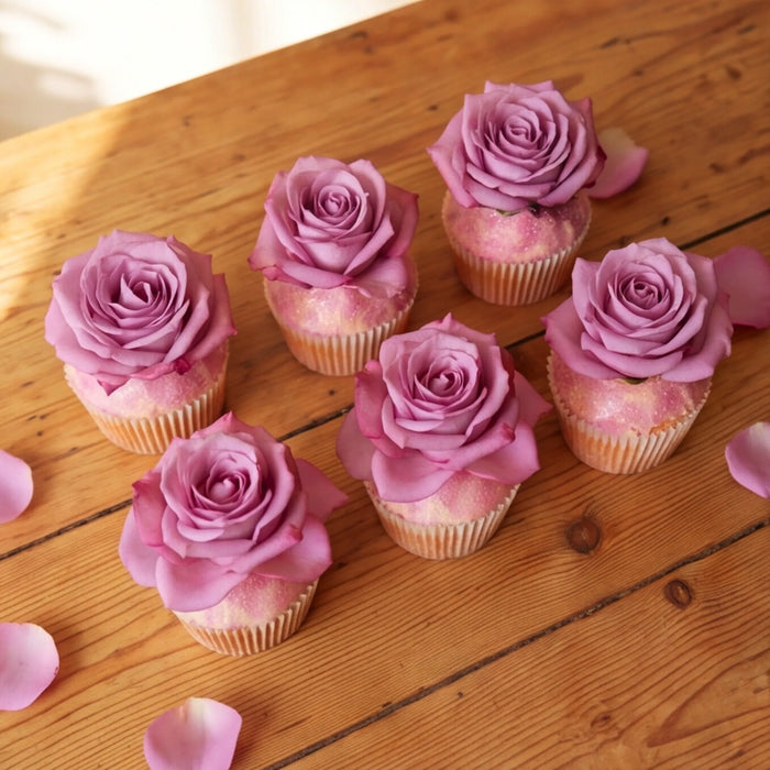 Six vanilla cupcakes arranged in two rows on a rustic wooden table, each topped with a full lavender-pink rose and pink edible glitter, scattered rose petals around them
