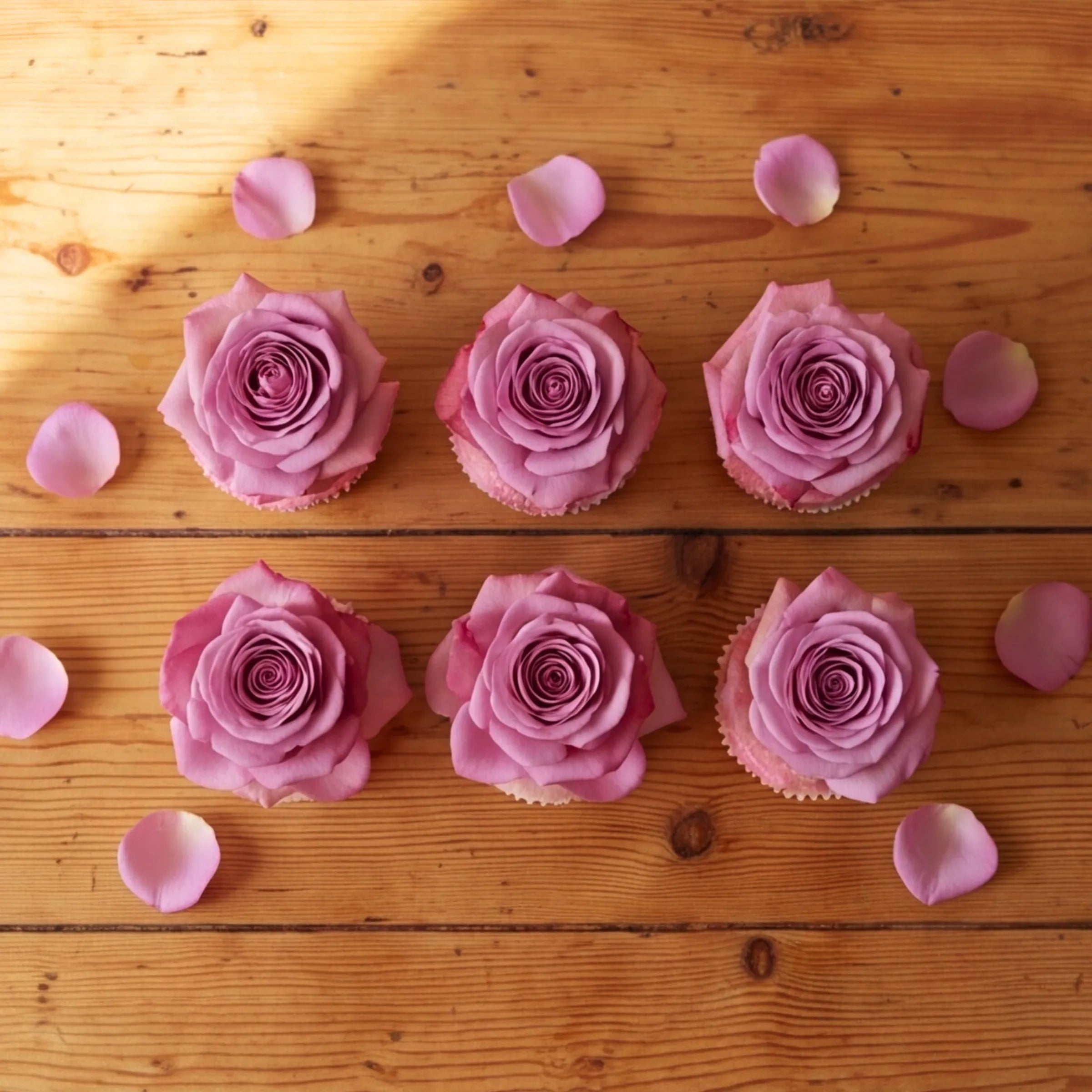 Overhead flat lay of six Fabulous Flowers vanilla cupcakes in two rows of three, each topped with a perfectly bloomed lavender-pink rose, scattered petals on the wood grain