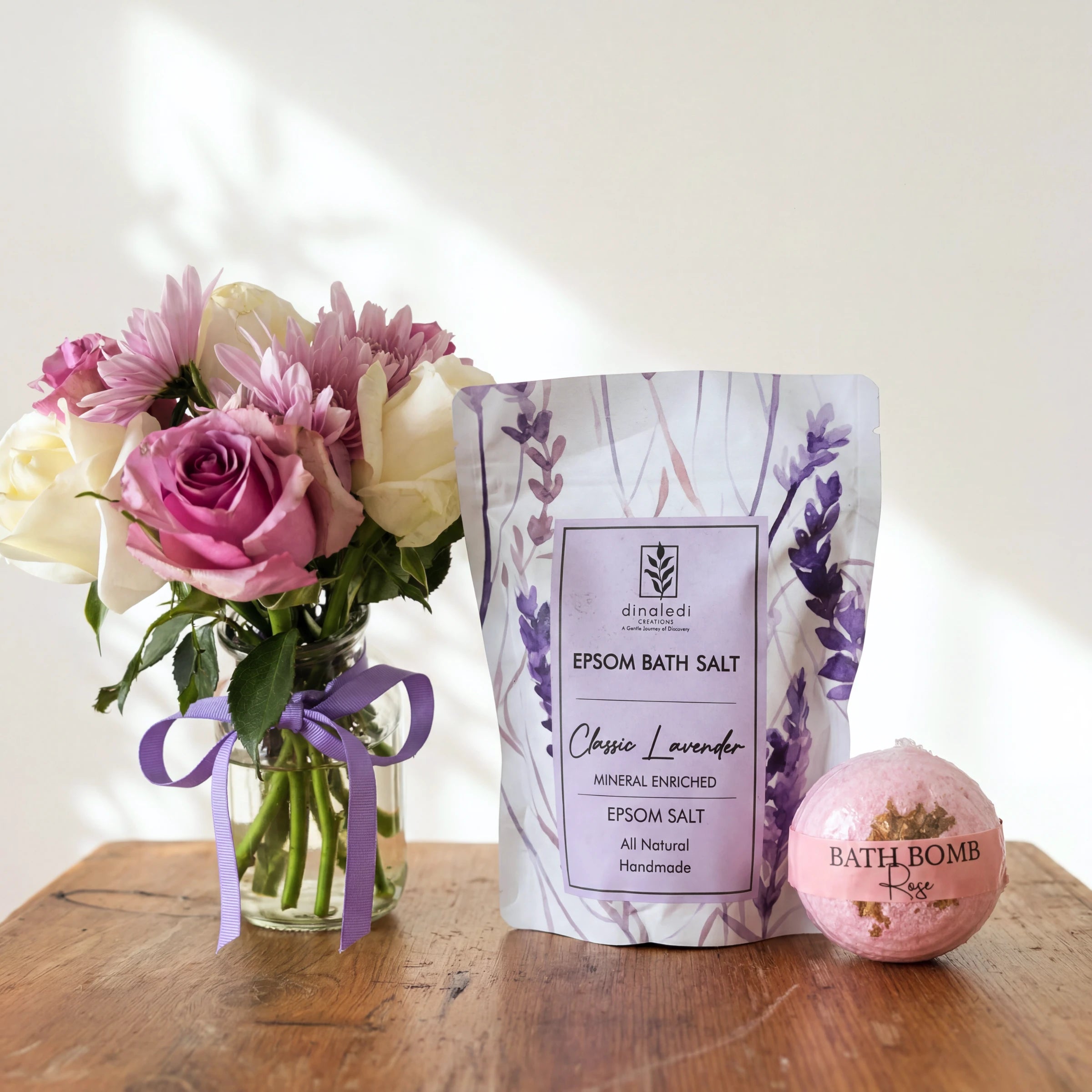 Soak & Soothe gift set with pink and lilac roses, Dinaledi Classic Lavender Epsom salts and a rose bath bomb
