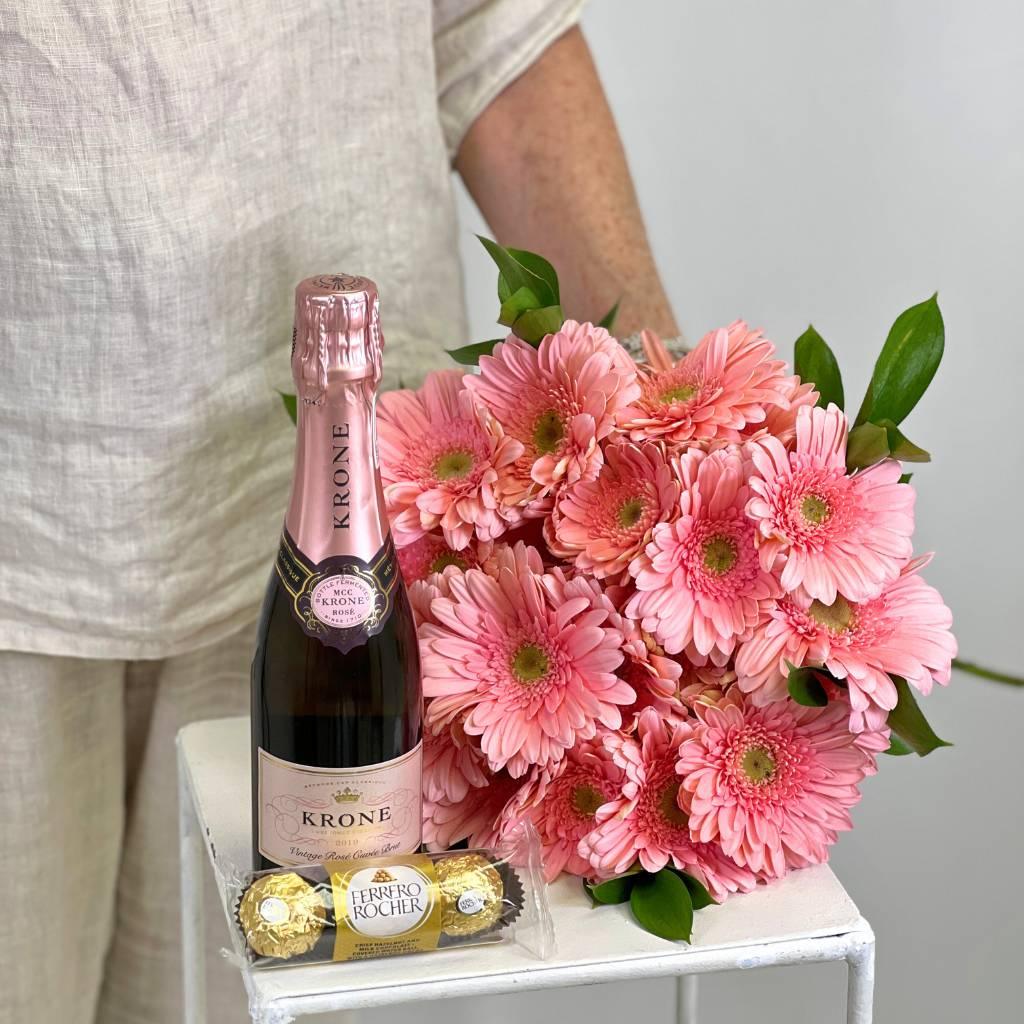 Krone Vintage Rose Cuvee Brut with Ferrero Rocher and a Soft Pink Gerbera Bouquet - Fabulous Flowers