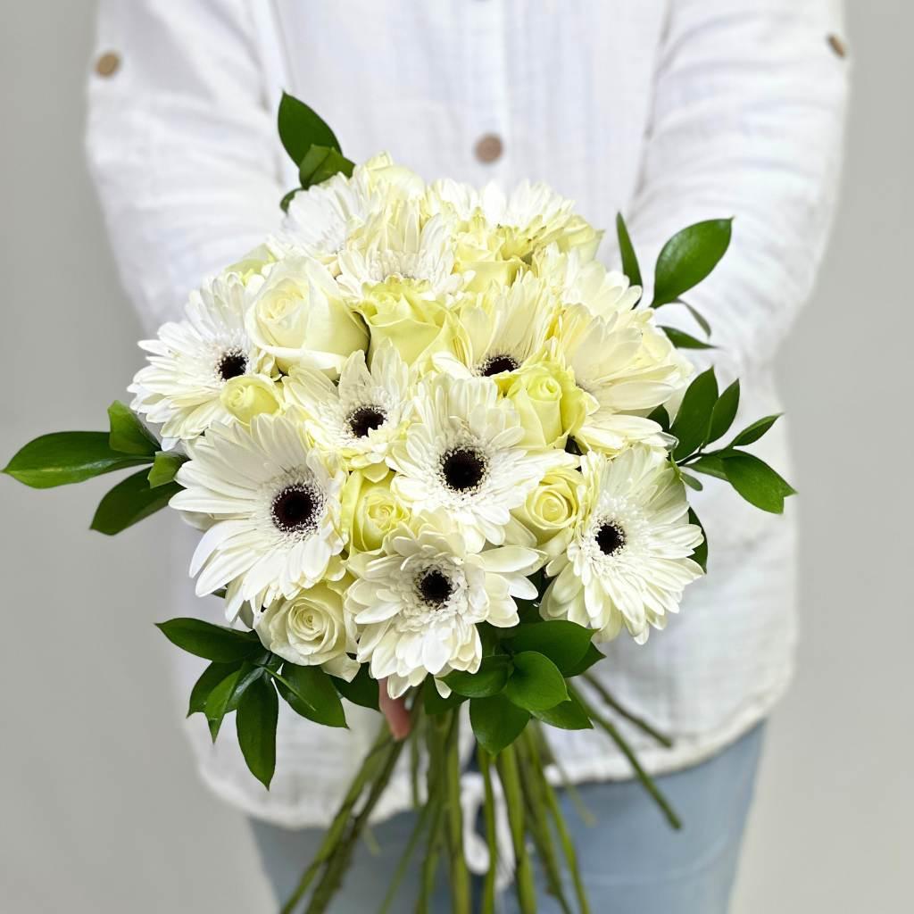 White flower bouquet with Wedgewood Macalettes and SOY Candle add-ons - Fabulous Flowers