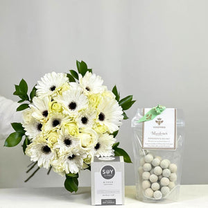 White flower bouquet with Wedgewood Macalettes and SOY Candle add-ons - Fabulous Flowers