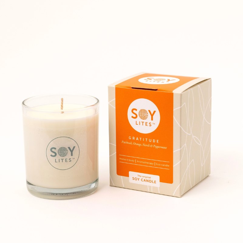 Soy Lites Gratitude Candle - Fabulous Flowers & Gifts eco soy candle with patchouli, orange, neroli & peppermint in glass jar.