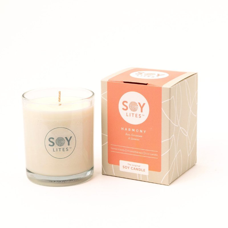 Soy Lites Harmony Candle - Fabulous Flowers & Gifts eco soy candle with rose, geranium & jasmine in glass jar.
