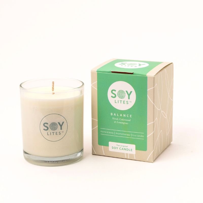 Soy Lites Balance - Fabulous Flowers & Gifts eco soy candle with neroli, cedarwood & lemongrass in glass jar.