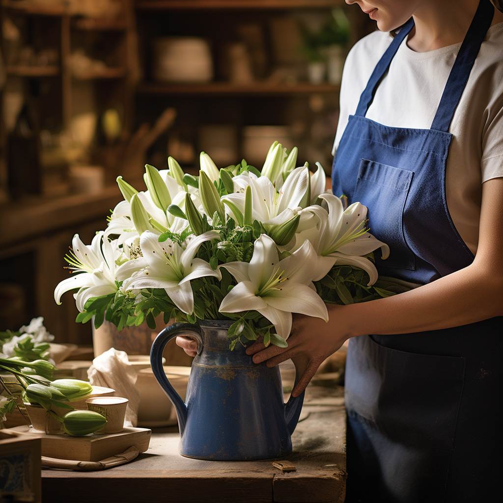 Florist arranging St Joseph Lily flower arrangement in beautiful flower shop wearing a blue apron - Fabulous Flowers