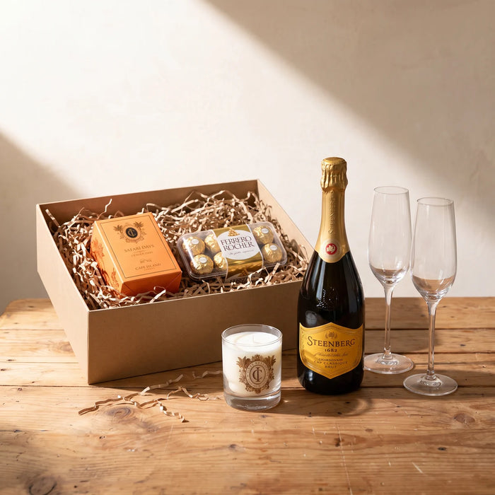 Open kraft gift box with a candle box and Ferrero Rocher, beside a bottle of Steenberg 1682 Cap Classique, two champagne flutes and a Cape Island candle on a pine table, Fabulous Flowers South Africa