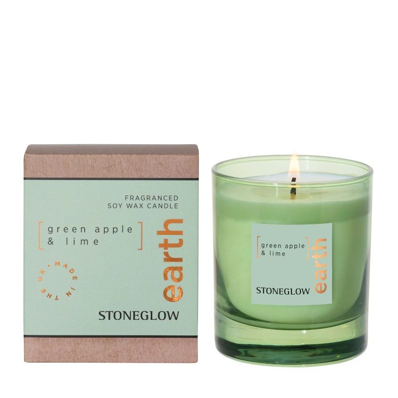 Stoneglow Green Apple & Lime soy wax candle in green glass with box, a fresh and zesty earth-inspired fragrance.