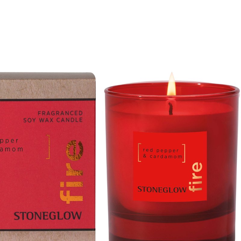 Red Stoneglow candle with packaging on a white background