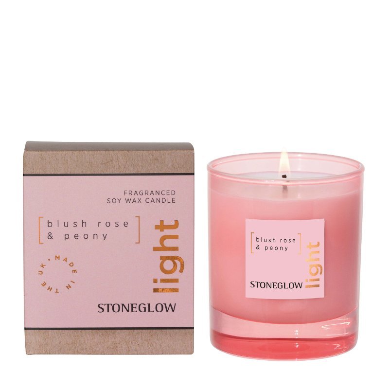 Stoneglow Blush Rose & Peony soy wax candle in pink glass with matching box, fragranced for a soft floral glow.