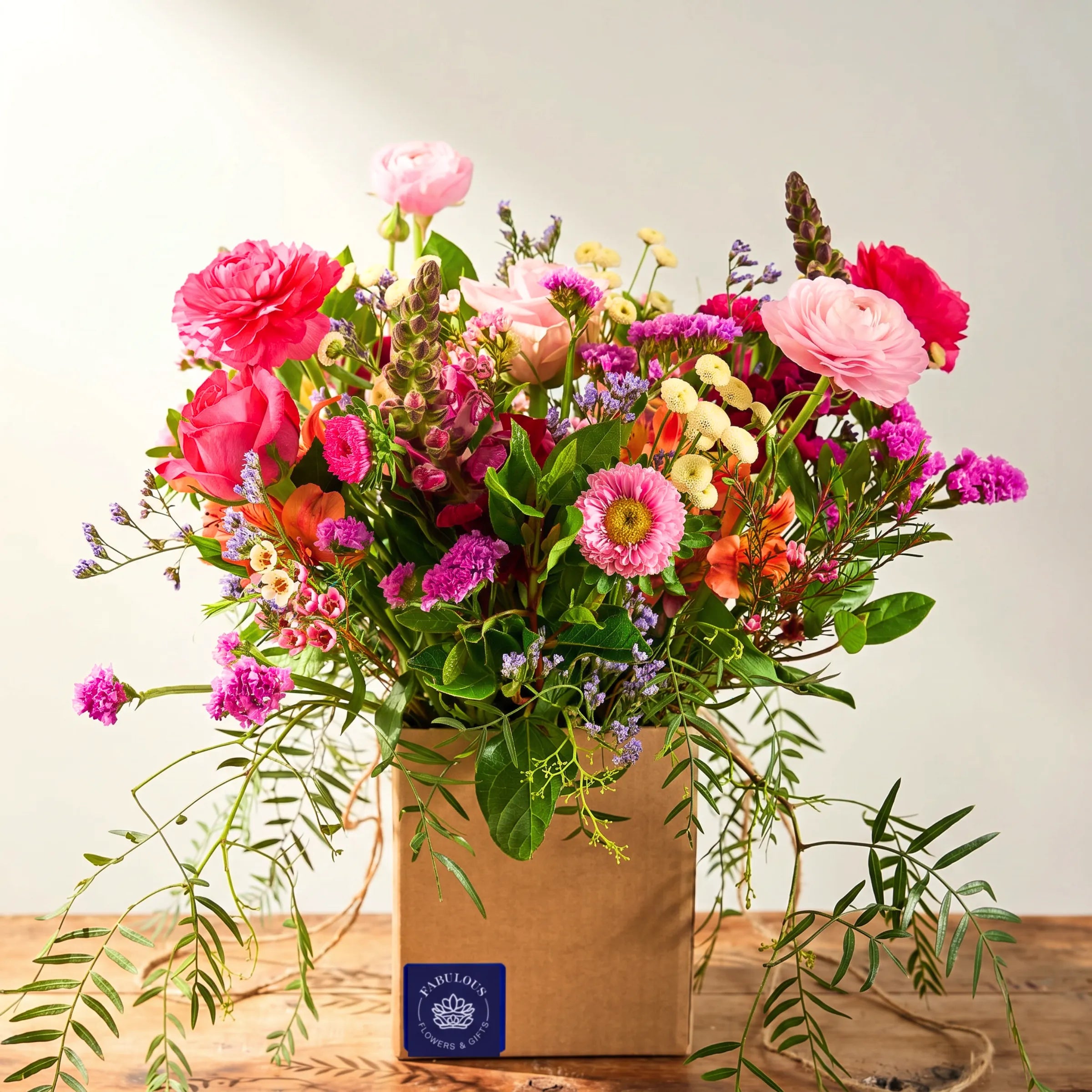 Summer Delight Posy Box hand-arranged with hot pink and soft pink ranunculus, pink roses, deep pink snapdragons, yellow button chrysanthemums, orange alstroemeria, purple and pink statice, pink wax flowers and trailing pepper tree foliage in an eco-friendly kraft posy box, Fabulous Flowers South Africa