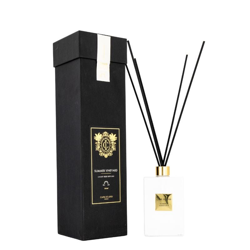 Black and gold diffuser set with decorative box on a white background