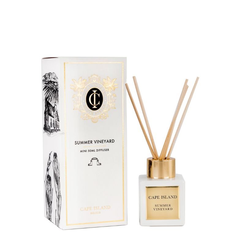 Cape Island Summer Vineyard mini room diffuser with packaging on a white background