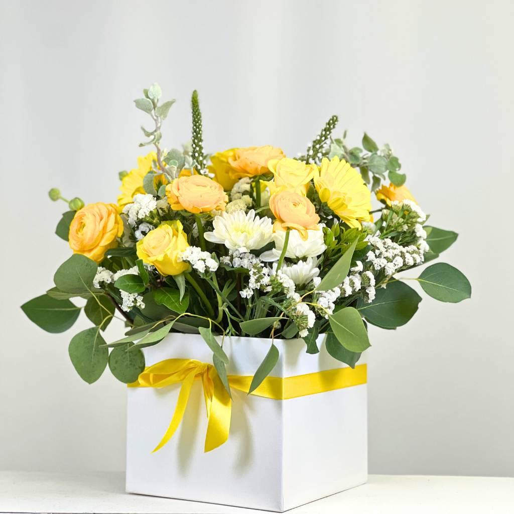 Sundance Bloom Box with Yellow Gerberas and white statice - Fabulous Flowers