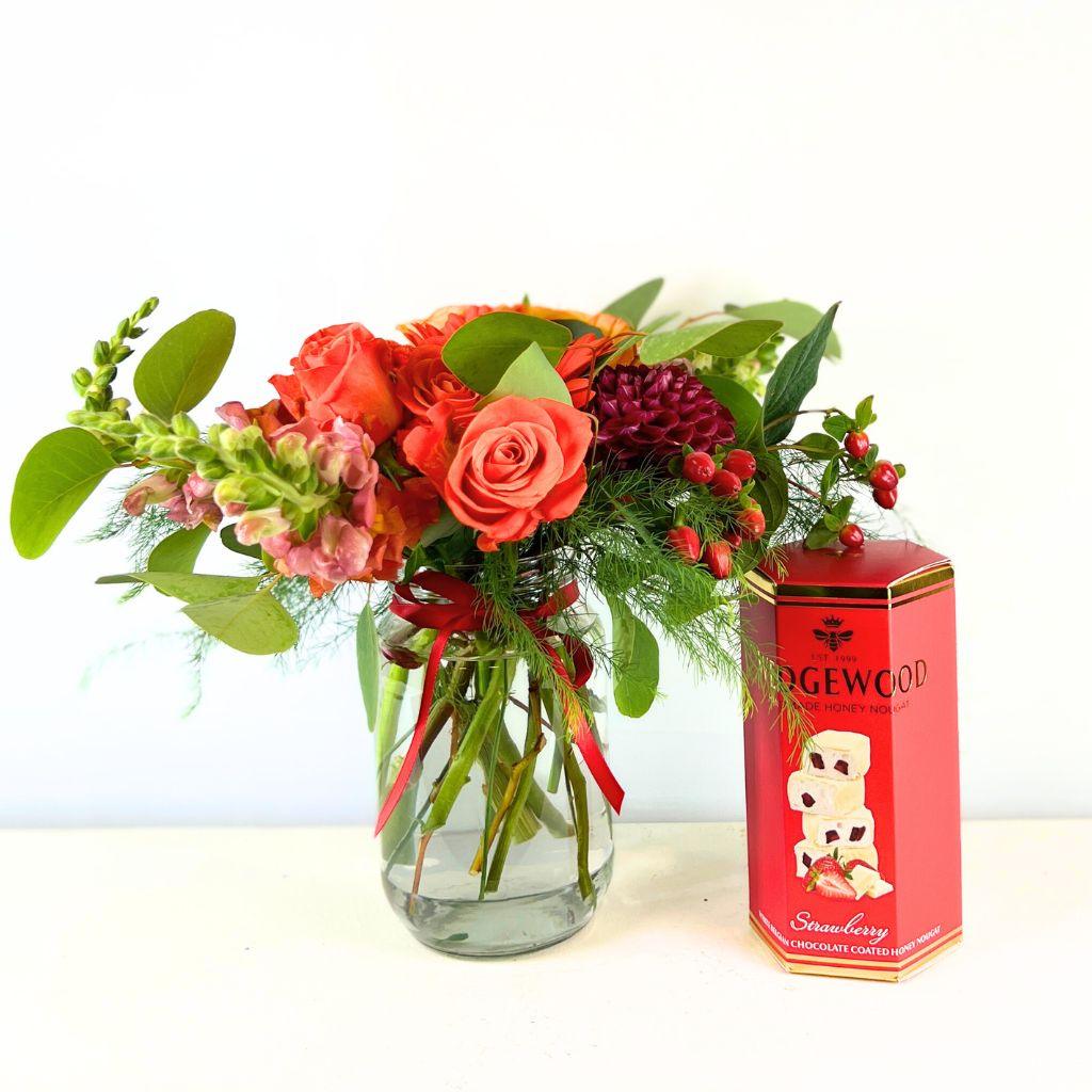 Luxury Sundown Enchantment Bouquet - Care and Elegance with red and orange roses and dahlias | Fabulous Flowers and Gifts