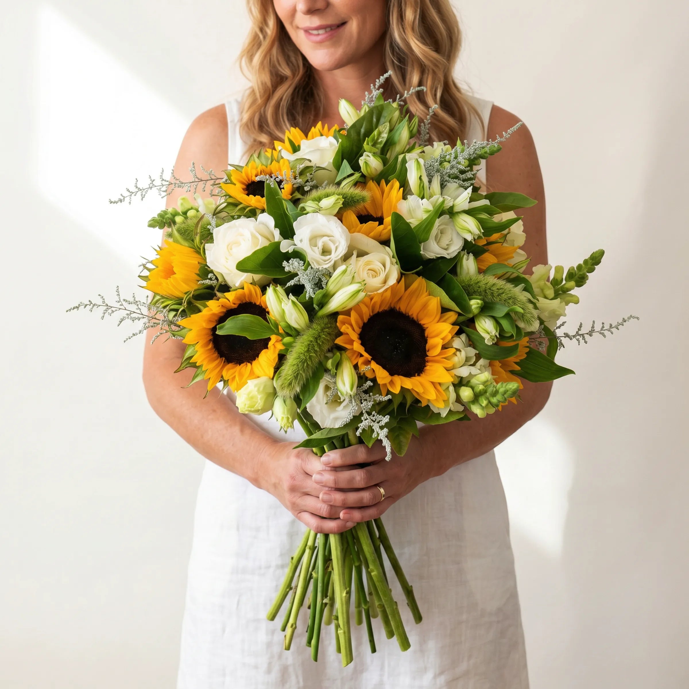 Sunflower Garden Flower Bouquet held by a smiling woman in a white linen dress, hand-tied arrangement of golden sunflowers, white avalanche roses, white lisianthus, white snapdragons, green bunny tail grass and silvery limonium with broad green foliage, Fabulous Flowers South Africa