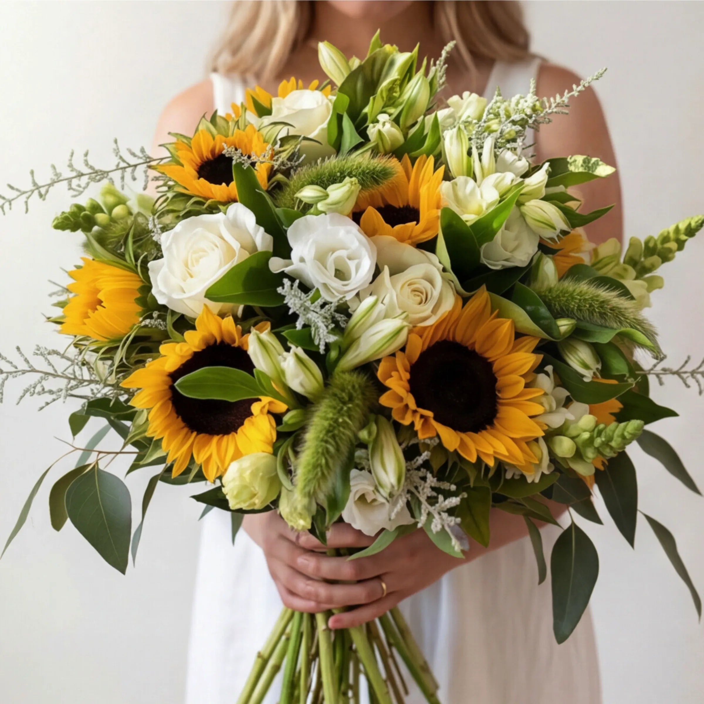 Close-up of Sunflower Garden Flower Bouquet showing golden sunflowers, full-headed white avalanche roses, white lisianthus, snapdragon spikes, green bunny tail grass, trailing eucalyptus and silvery limonium hand-tied in kraft wrap, locally grown by Fabulous Flowers South Africa