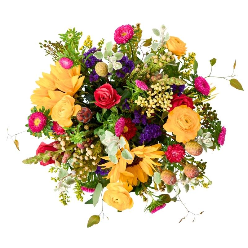 Sunflower Posy top view — colourful mix with sunflowers, yellow ranunculus, red roses, purple blooms and fresh foliage