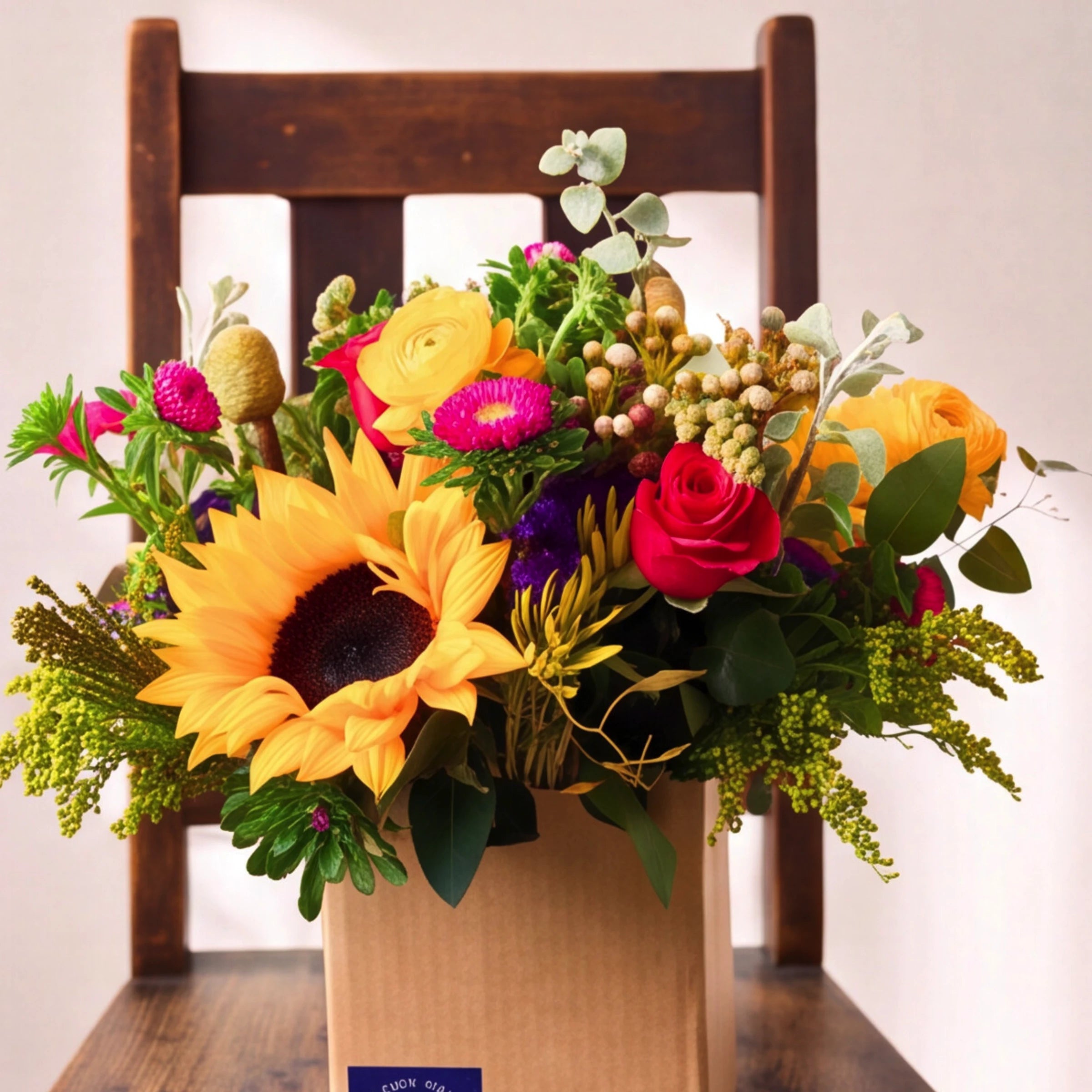 Sunflower Posy from Fabulous Flowers, a vibrant kraft-box arrangement of golden sunflowers, hot pink roses, yellow ranunculus, magenta asters and purple statice