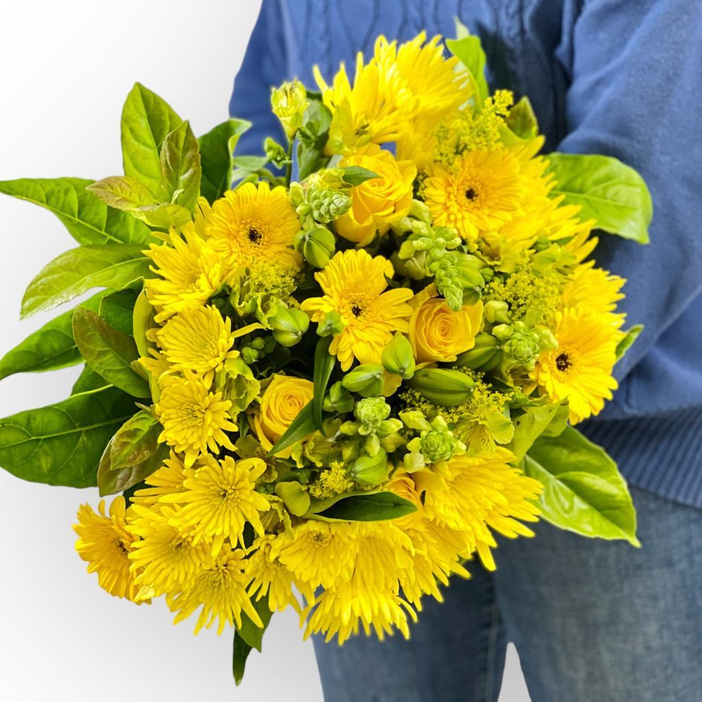 Close-up of Sunny Delight Bouquet featuring yellow gerberas and lilies - Fabulous Flowers