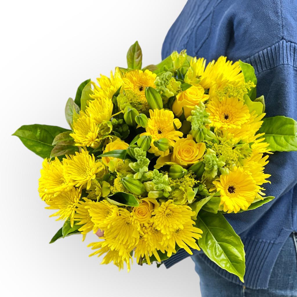 Close-up of Sunny Delight Bouquet featuring yellow gerberas and lilies - Fabulous Flowers
