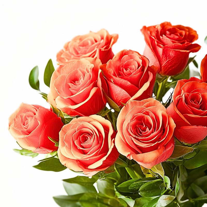 close-up of 10 vibrant orange roses with soft apricot edges and glossy greenery — elegant bouquet by Fabulous Flowers & Gifts.