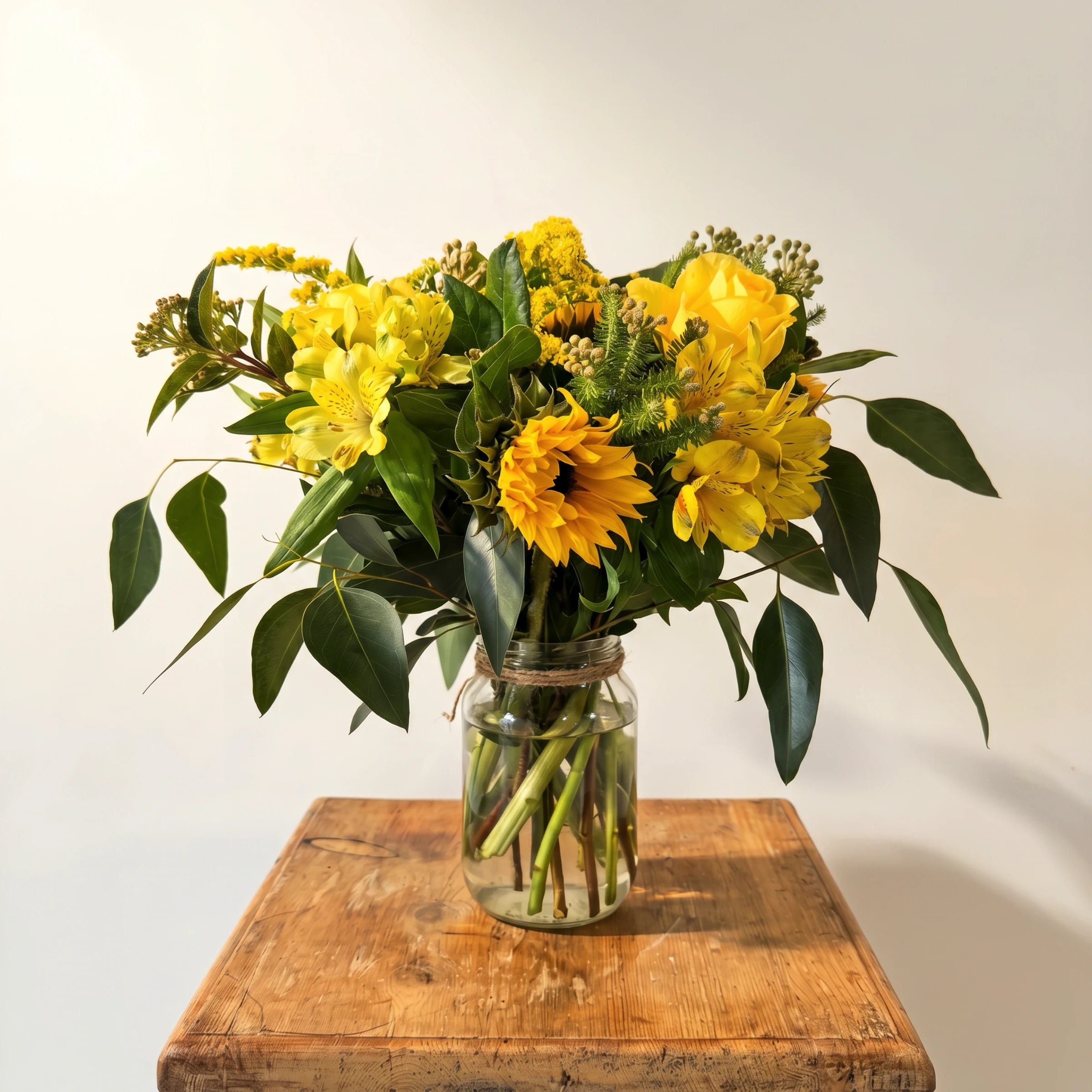 Sunshine in a Jar sunflower arrangement on a rustic wooden stool, yellow sunflowers, yellow roses, alstroemeria and greenery in a recycled glass jar with twine, Fabulous Flowers Cape Town.