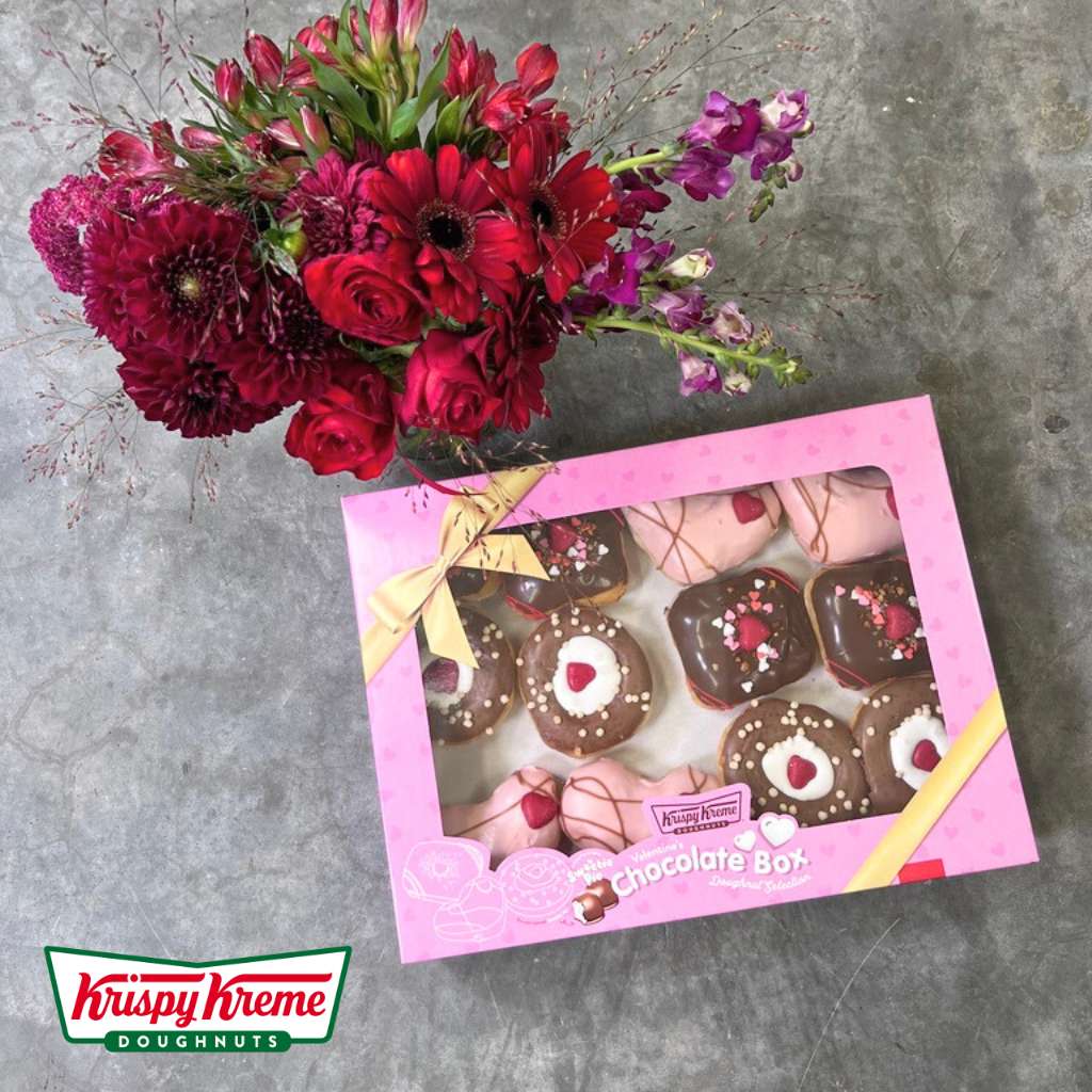 Sweet Blossom Doughnut Box featuring roses, dahlias, and Krispy Kreme treats | Fabulous Flowers and Gifts