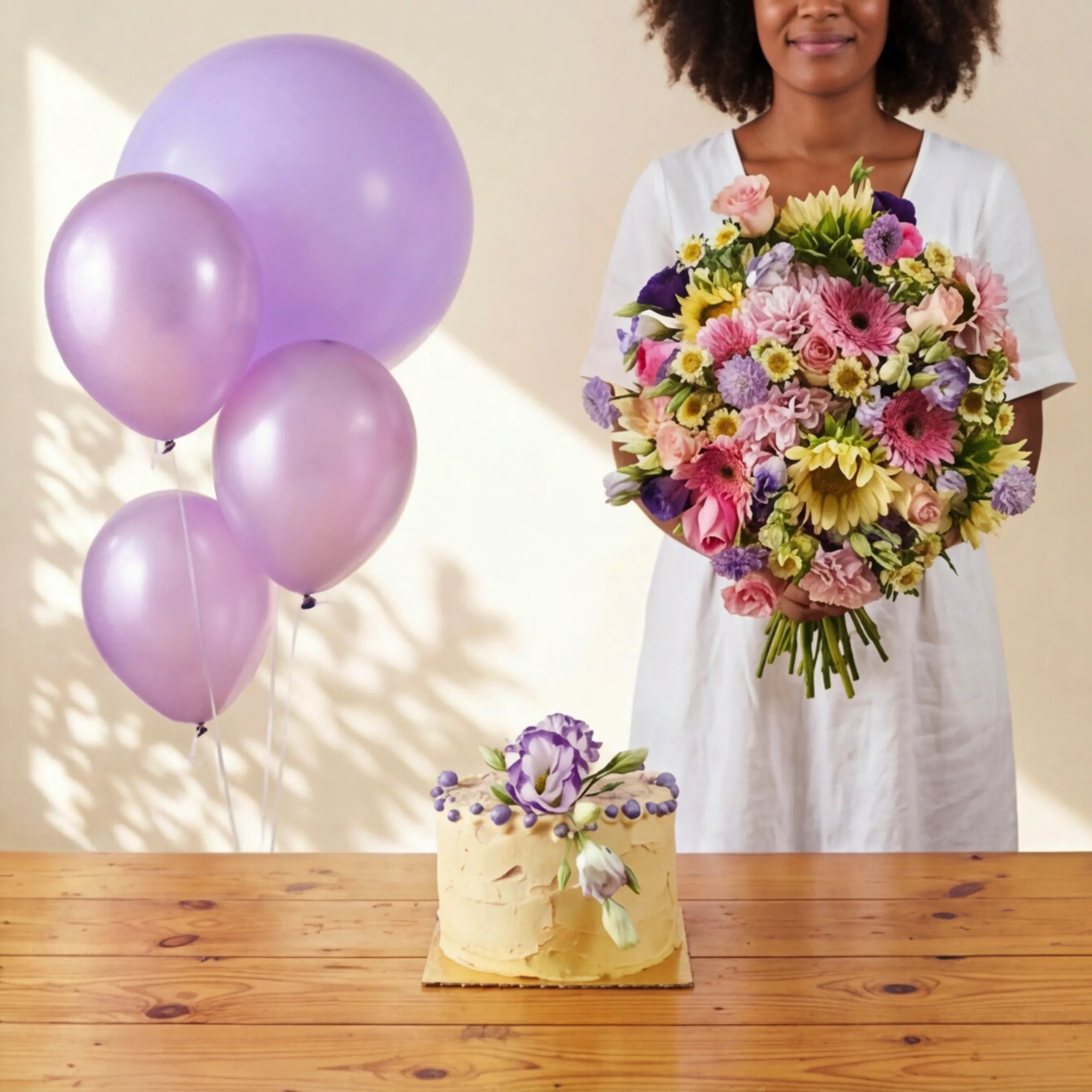 Sweet Celebration with bright mixed bouquet, lilac balloons and buttercream cake by Fabulous Flowers Cape Town