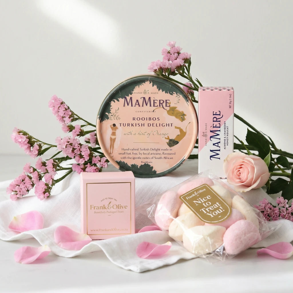 Sweet Serenity Snack Hamper with MaMère Rooibos Turkish Delight, MaMère almond cranberry nougat and Frank & Olive marshmallows, Fabulous Flowers