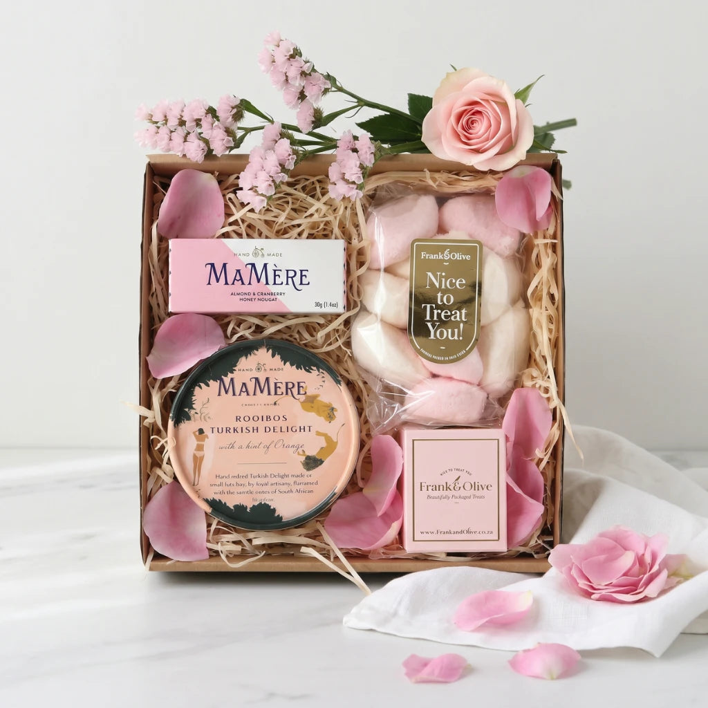 Sweet Serenity Snack Hamper flat-lay in kraft box with MaMère Turkish delight, MaMère nougat and Frank & Olive marshmallows, Fabulous Flowers