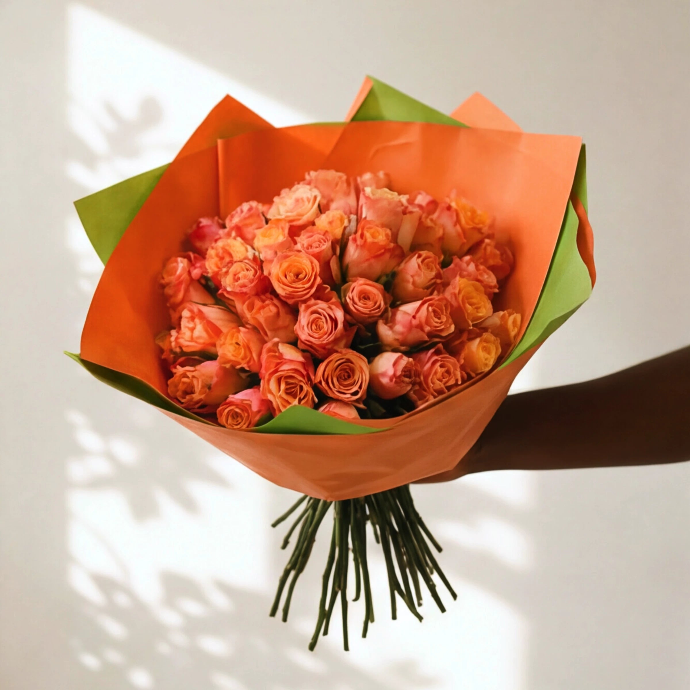 Tangelo orange rose bouquet of 50 vivid orange roses in bright orange and lime wrap, held in sunlight.