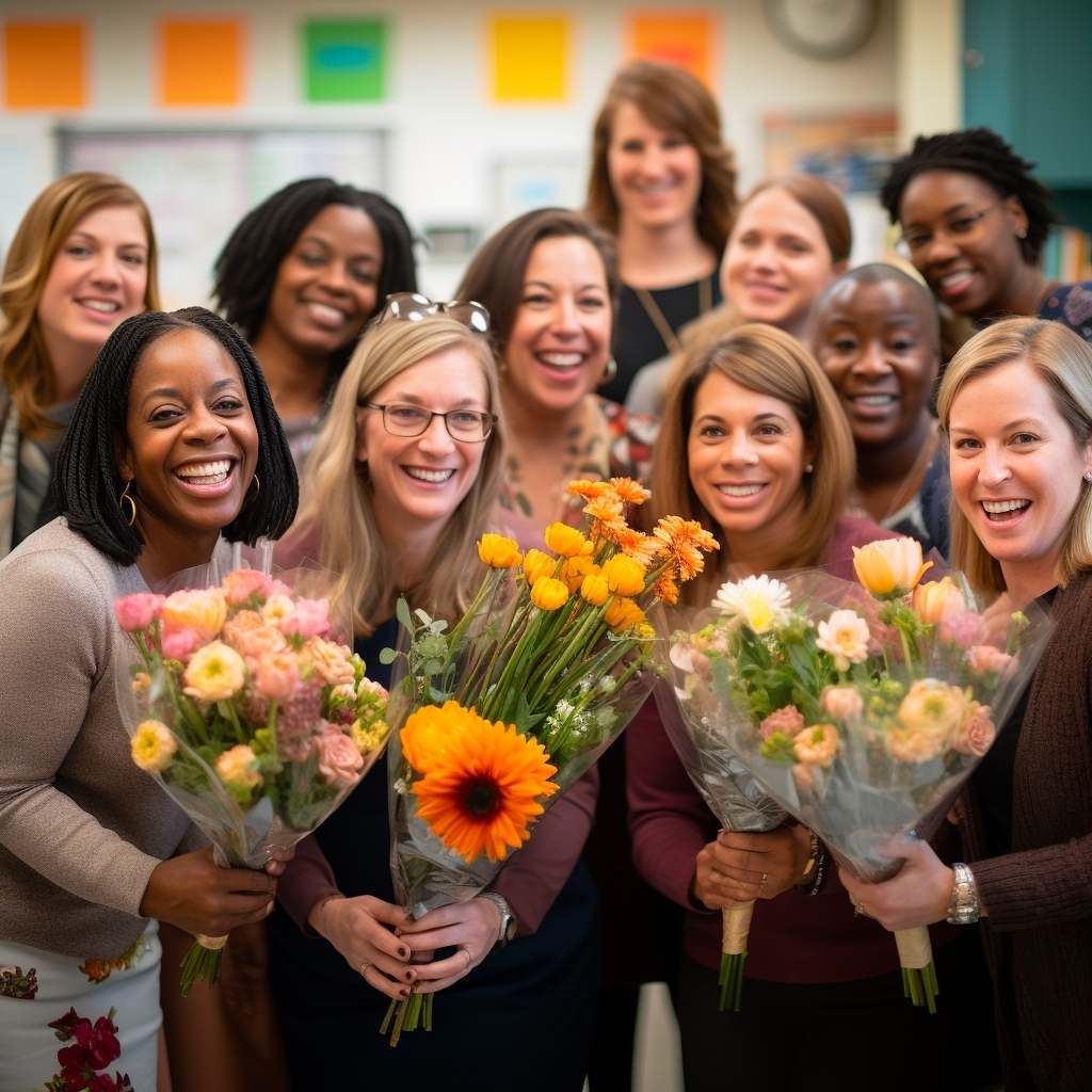Smiling South African teachers receiving flowers and gifts in Cape Town from Fabulous Flowers