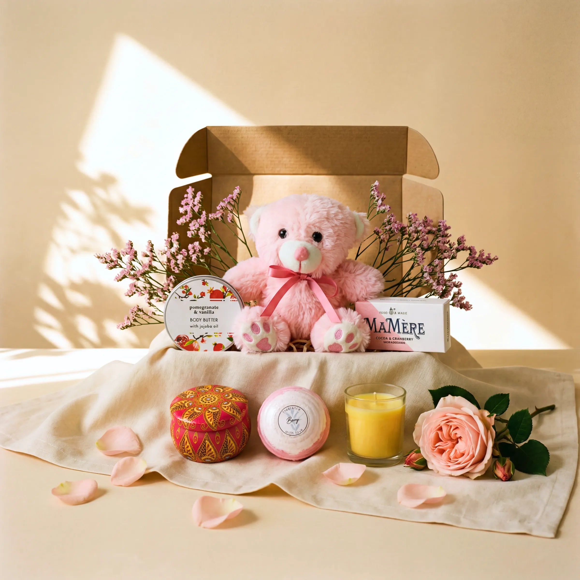 Teddy Comfort Care Box pink teddy bear, pomegranate vanilla body butter, candle and Mamere nougat by Fabulous Flowers