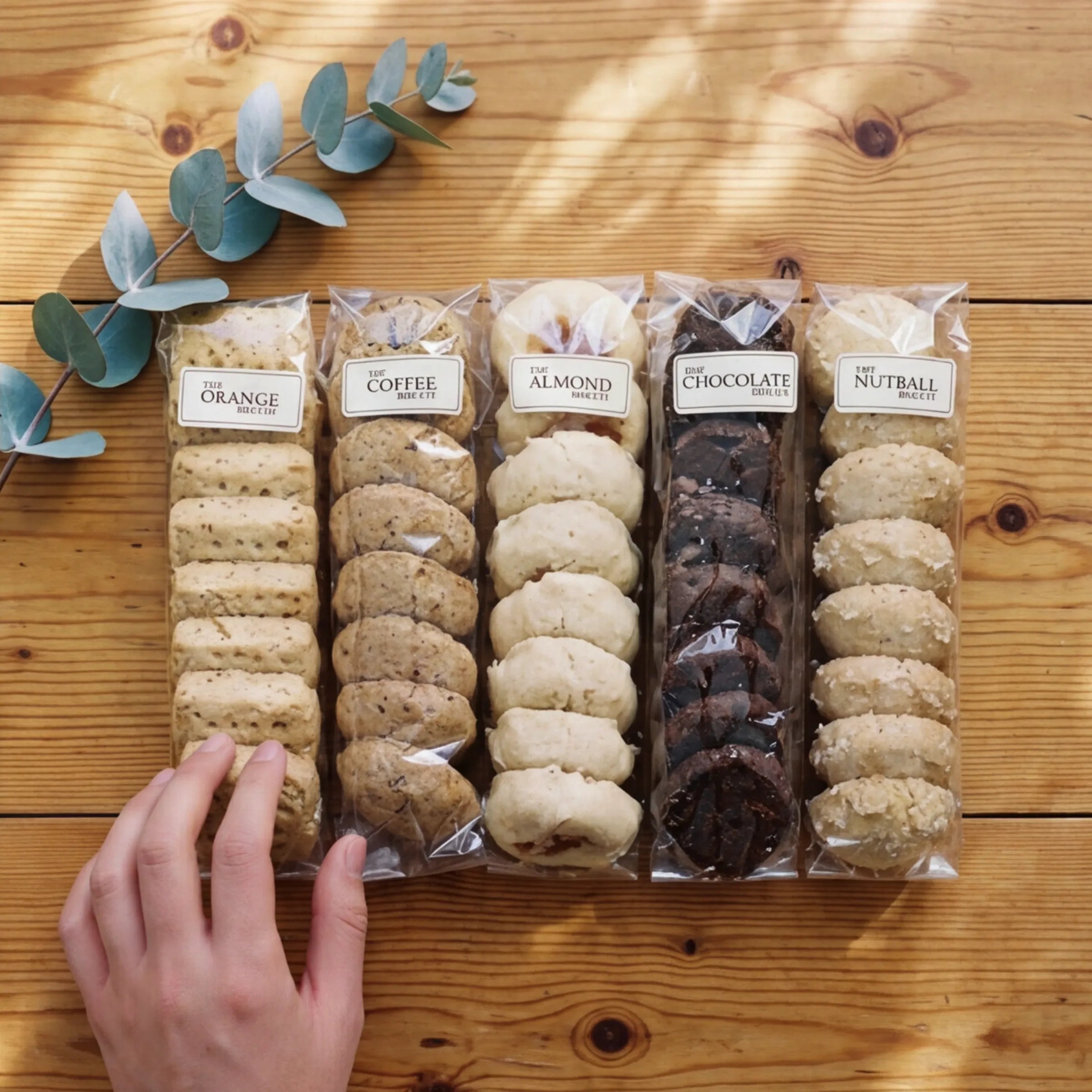 Hand selecting Orange Biscuit pack from The Best Biscuits five-flavour gift set by Fabulous Flowers