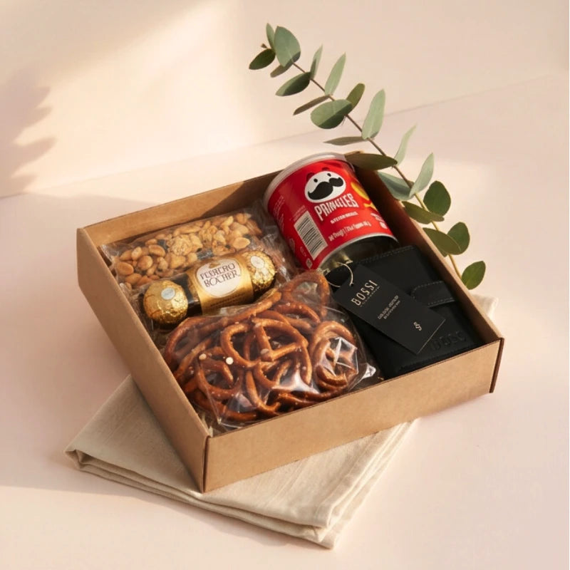 The Boss's Box gift box for him with Bossi leather wallet, Pringles, Ferrero Rocher, salted peanuts and pretzels, Fabulous Flowers and Gifts