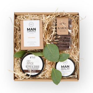 Elegant gift box display with men's grooming and gourmet products for him to enjoy - Fabulous Flowers