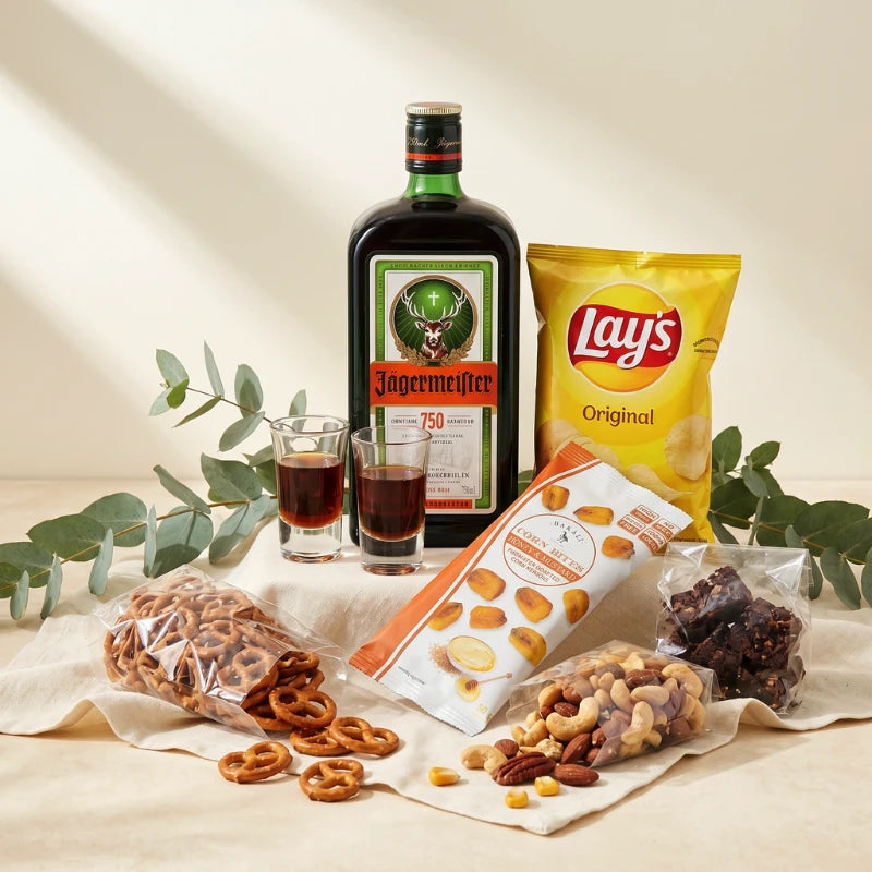 Lads Night Gift Box styled with Jägermeister, two shot glasses, Lay's, pretzels, mixed nuts and Bakali corn bites, Fabulous Flowers and Gifts