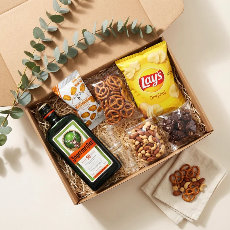 Lads Night Gift Box flat-lay in kraft box with Jägermeister, shot glasses, Lay's, pretzels, mixed nuts and Bakali corn bites, Fabulous Flowers and Gifts