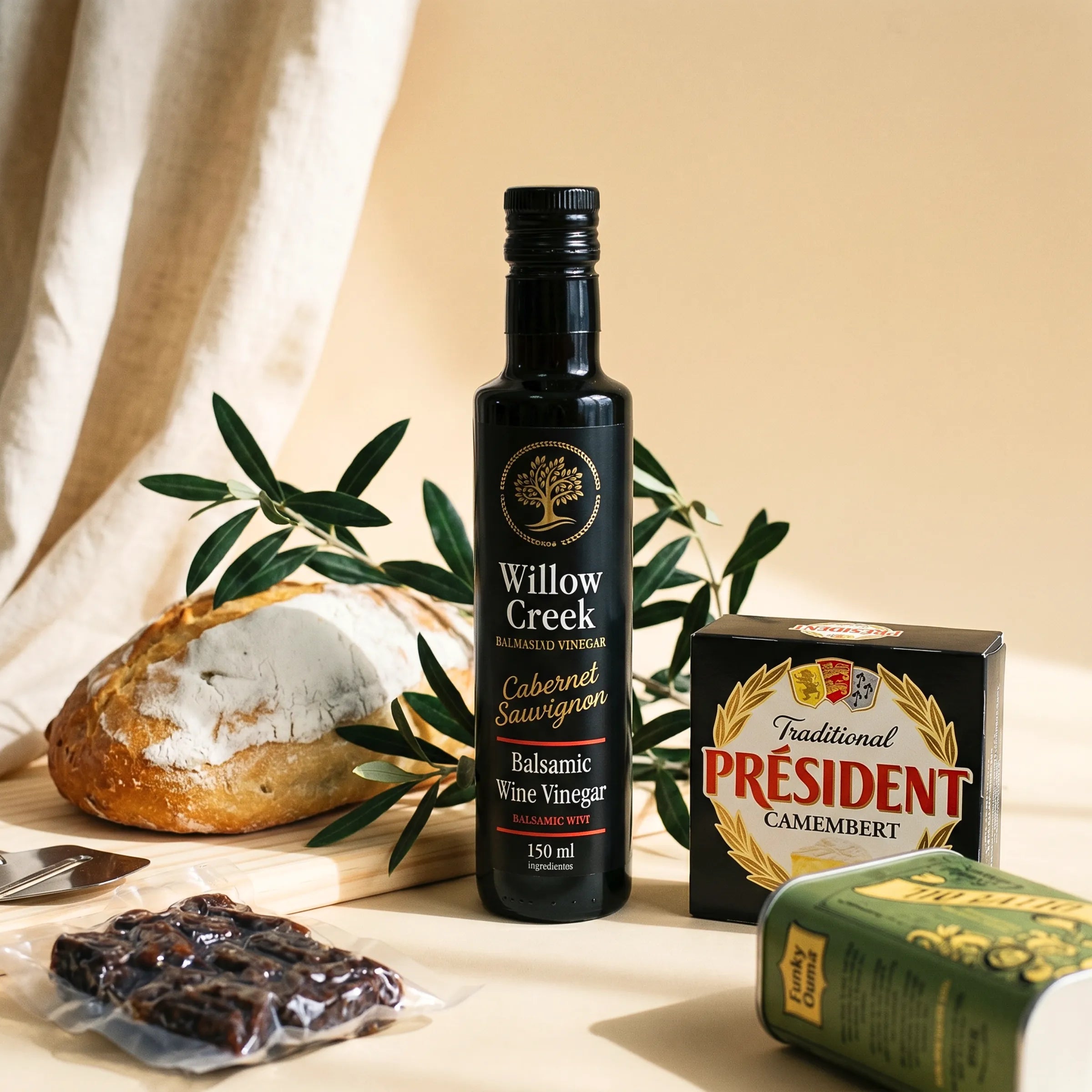 The Sundowner's Board from Fabulous Flowers South Africa, Willow Creek Cabernet Sauvignon balsamic, Funky Ouma olive oil, Président Camembert, biltong and a sourdough loaf with fresh olive branches, a savoury Cape gift hamper