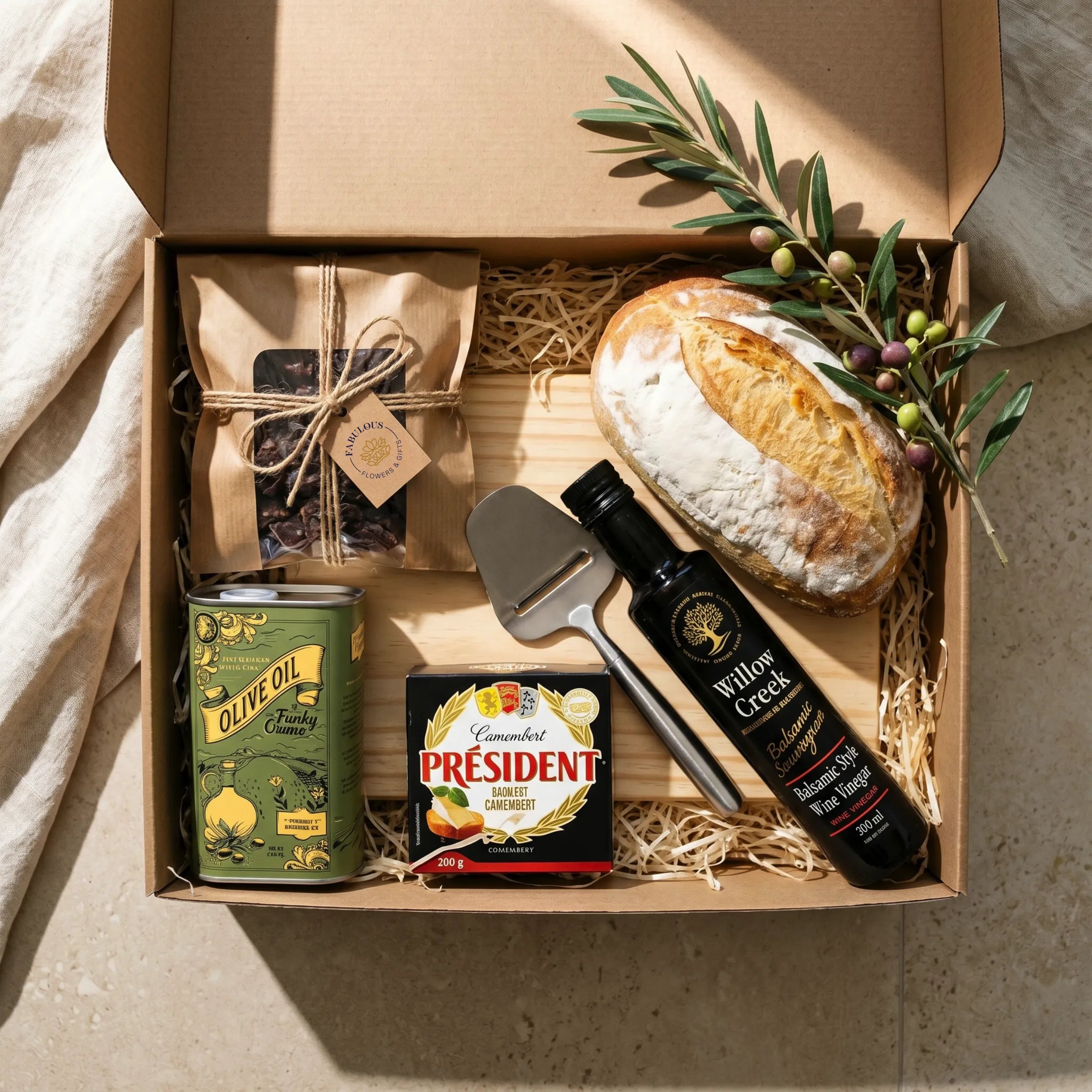 The Sundowner's Board by Fabulous Flowers South Africa packed in a kraft gift box, sourdough loaf, Président Camembert, beef biltong, Funky Ouma olive oil, Willow Creek balsamic and a wooden cheese board with knife, hand-packed for Cape Town same-day and nationwide delivery
