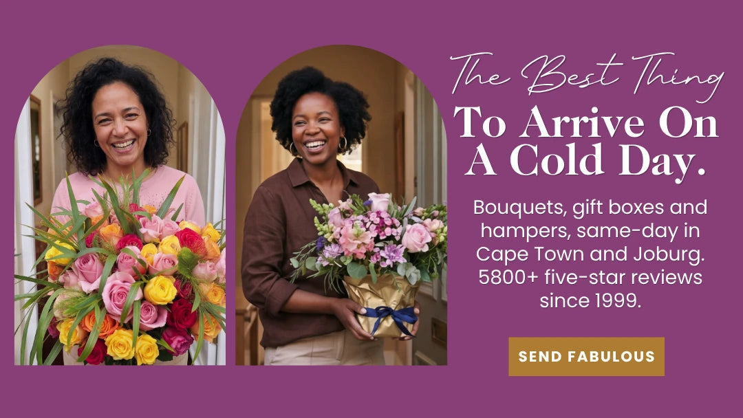 Three women holding Fabulous Flowers bouquets at their front doors — winter campaign banner, "The Best Thing To Arrive On A Cold Day." Fabulous Flowers and Gifts