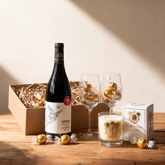 Bottle of Remhoogte Chronicle red wine, two wine glasses holding gold Lindor truffles and a Cape Island candle beside an open kraft gift box, Fabulous Flowers South Africa