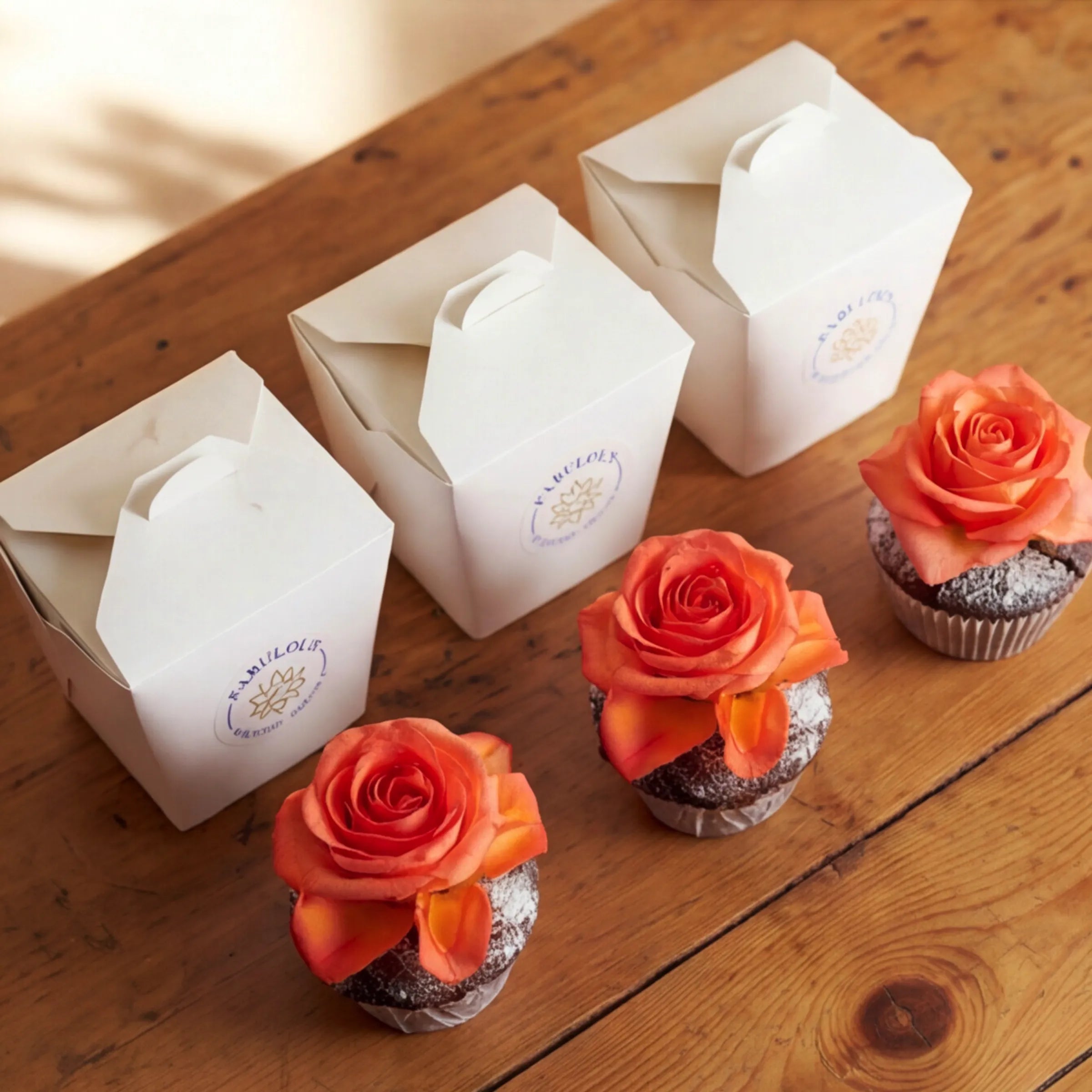 Three chocolate cupcakes with orange rose toppers paired with their individual Fabulous Flowers branded gift boxes, Cape Town same-day cupcake add-on for sharing